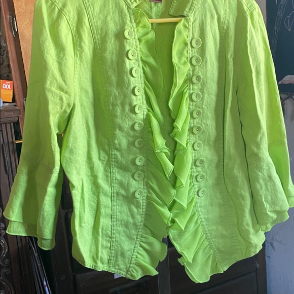 Multiples Neon Green Ruffle Button-Up Blouse - Picture 5 of 16